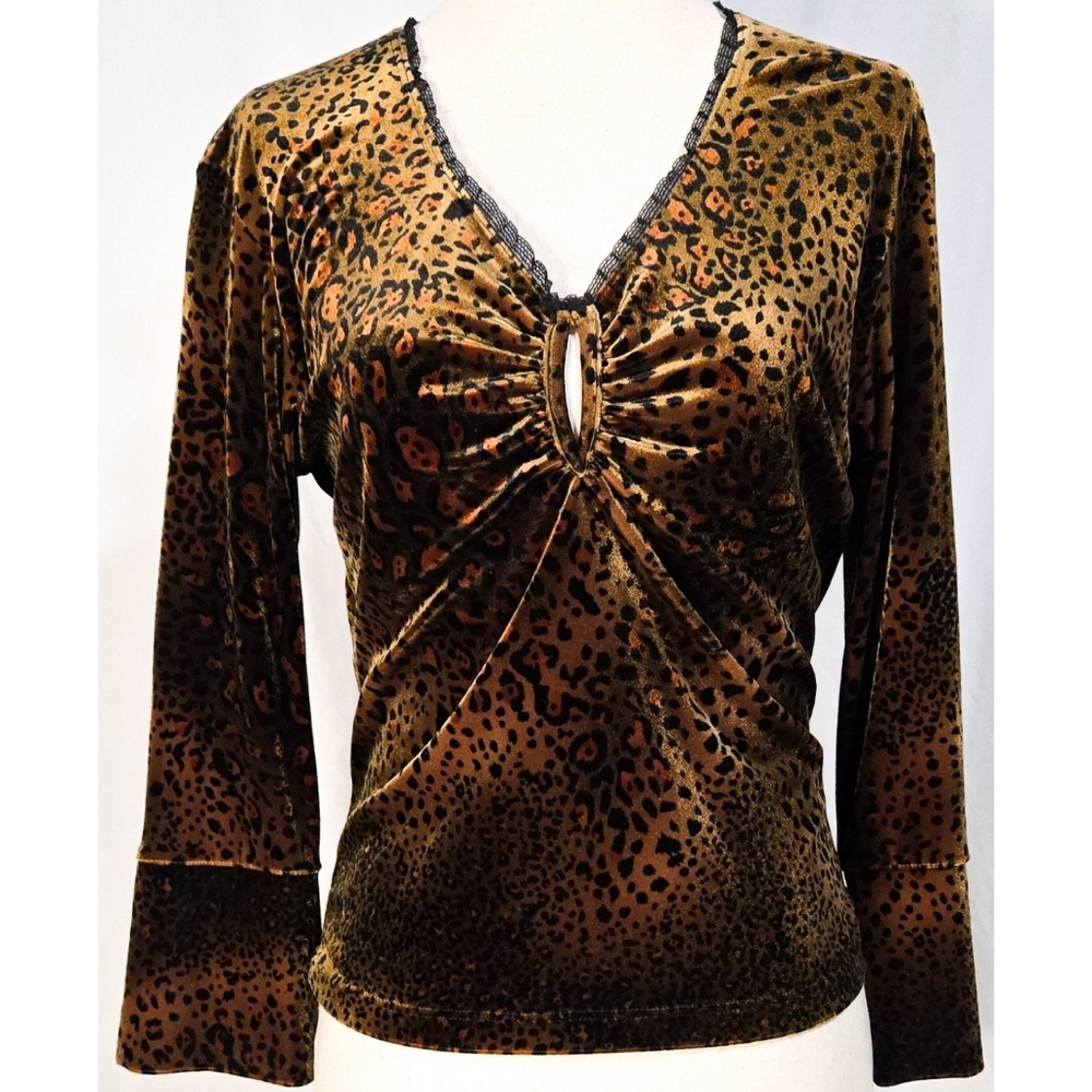 Vintage Y2K Leopard Print Top Velvet Animal Long Sleeve Shirt V Neck Stretchy
